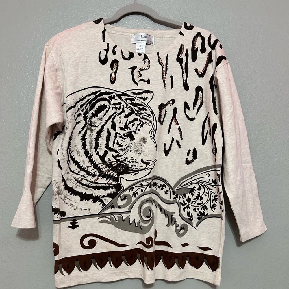 Lisa International Beige Tiger Print Sweater 100% cotton